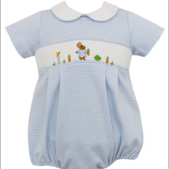 PETIT BEBE KNITS BABY BOYS BLUE STRIPED KNIT BUBBLE - SMOCKED PETER RABBIT - Picture 1 of 3